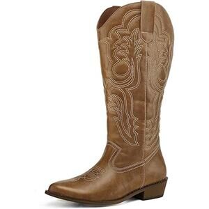 Mysoft Womens 8W 8 Wide Brown Embroidered 1.5" Chunky Heel Cowboy Western Boots